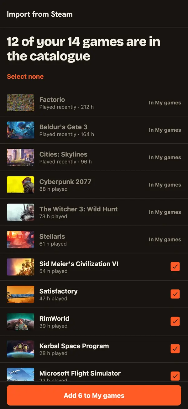 Import from Steam: 12 of your 14 games are in the catalogue, each with its cover and hours played, six already in My games, six ticked, and the button Add 6 to My games