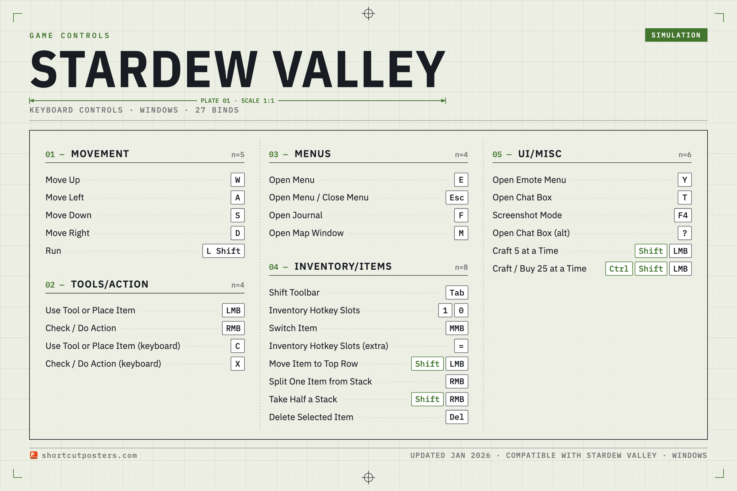 Stardew Valley keyboard controls poster, arcade style